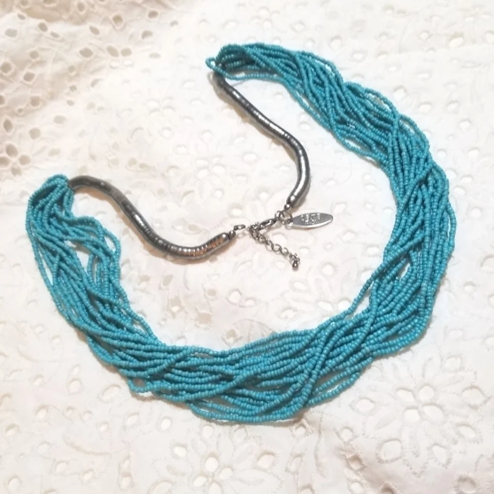 𝅺Vintage Cara NY 16 Strand Turquoise Glass Bead Necklace